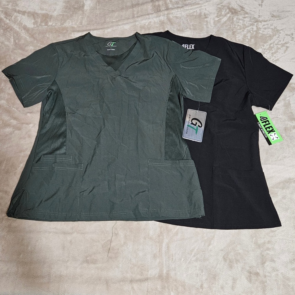 GT Performance & 4Flex Women Scrub Tops Bundle Large Olive Green Black 2-Pack